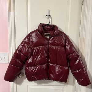 A New Day Burgundy Shiny Glossy Puffer Jacket XS Water Resistant